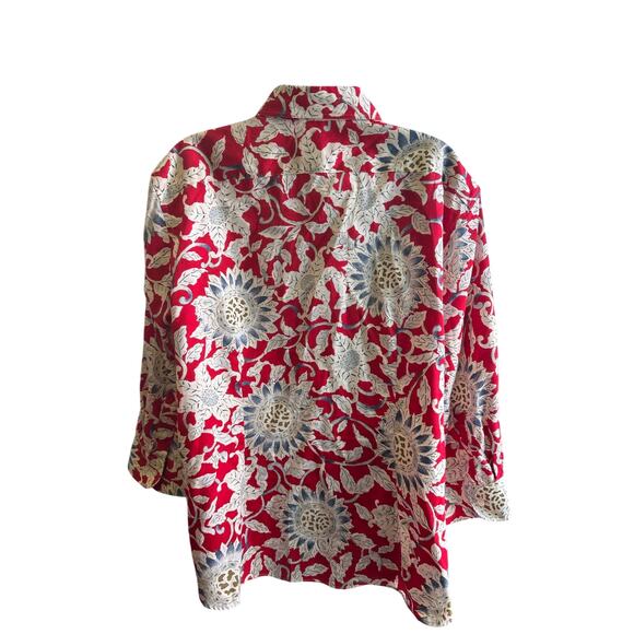 Chaps no iron xxl  red floral cotton shirt sunflower pattern cream blue  stripe - Picture 4 of 5